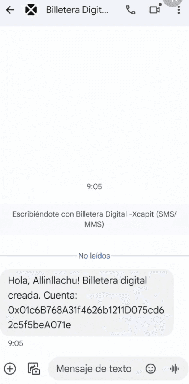 Captura de tela de SMS mostrando a saudação da carteira em quéchua: Hola, Allinllachu! Billetera digital creada.