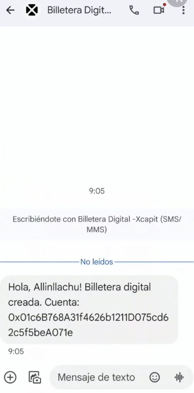Captura de tela de SMS mostrando a saudação da carteira em quéchua: Hola, Allinllachu! Billetera digital creada.