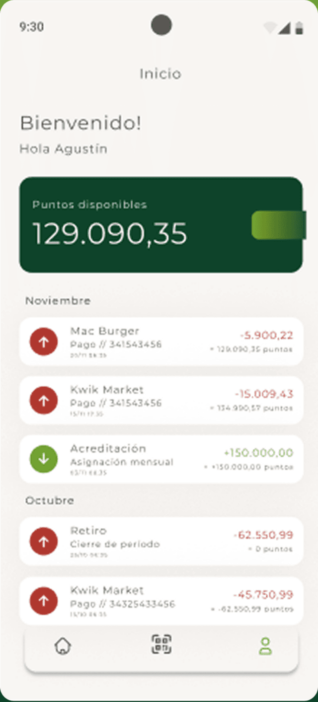 Anteprima dell'app Bonum che mostra il saldo dei benefit e le transazioni recenti