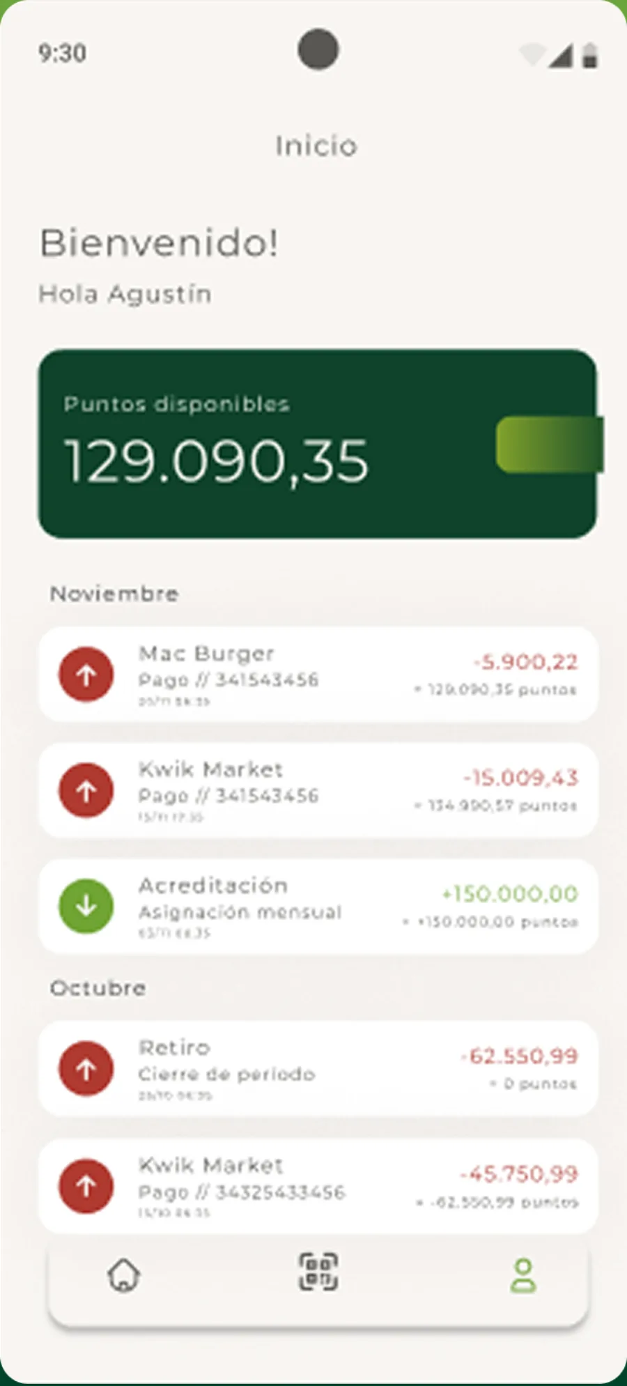 Vista previa de la app Bonum mostrando el saldo de beneficios y transacciones recientes